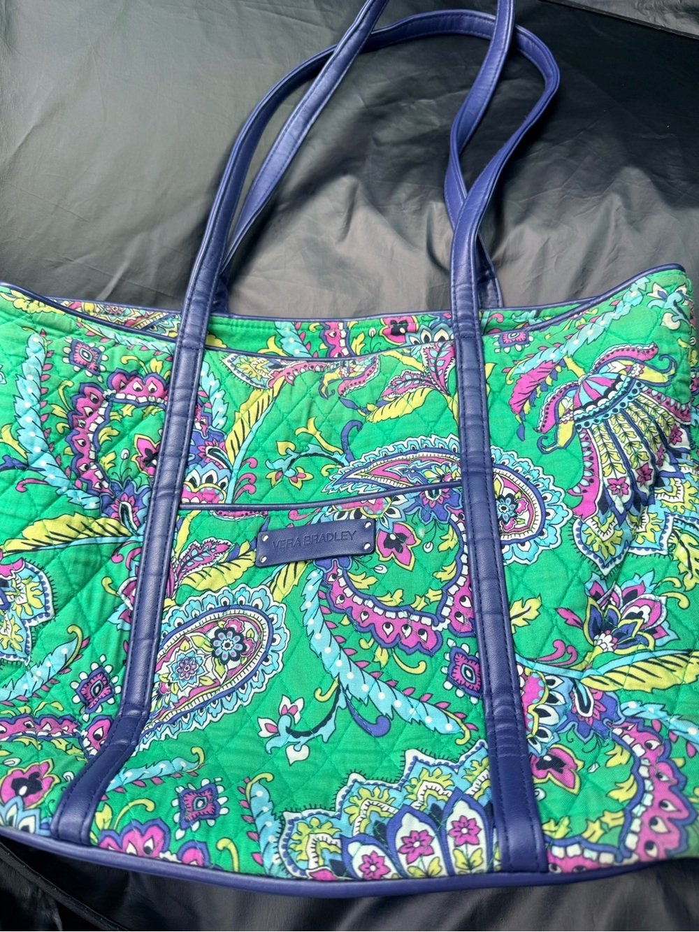 Vera Bradley Green Paisley Quilted Tote with Purple Trim